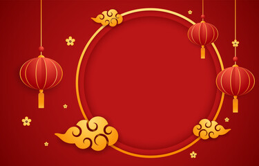 Happy Chinese new year 2024. Chinese new year banner with circle for show product. Greeting card. China frame with lantern on red background.