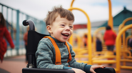 Autistic spectrum disorder child smiles with wheelchair on the playground - obrazy, fototapety, plakaty