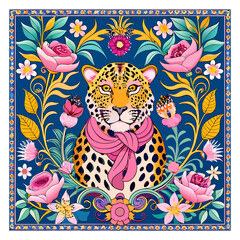 Baroque Dream on a Scarf: Dance of Leopard Patterns and Colorful Flowers