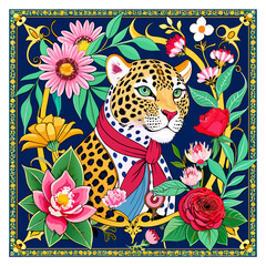 Artistic Reflection of the Wild Spirit: Leopard Print Scarf Adorned with Baroque Florals