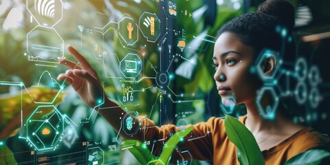 Person engaging with a futuristic digital interface, sustainability concept
