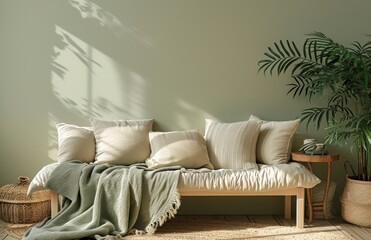 a sofa with blankets, a plant and a table