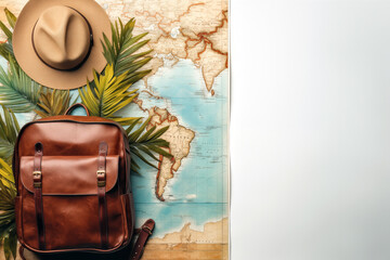 Travel accessories on map background. Top view with copy space.