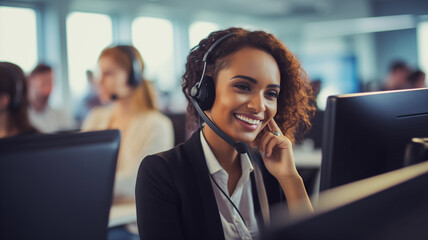 a woman who is working on a call center wearing headphones