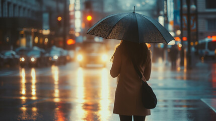 Rear view of woman holding umbrella in city when it rains.