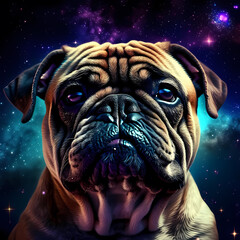 Futuristic dog in a fantasy space world, night light, neon flashes