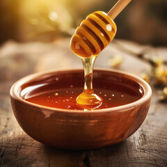 A bowl of honey with a wooden honey dipper in it.