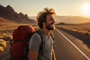 Fototapeta na wymiar Happy male traveler with backpack enjoying the scenic view while standing on the road