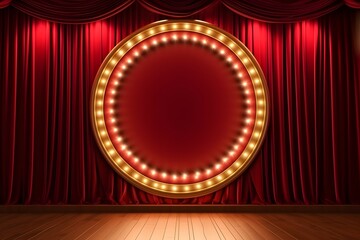 Background with red curtains and spotlights. Design for presentations, concerts, shows.