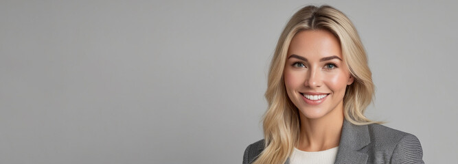 Beautiful good woman nice fashion half body eye contact and space for design
