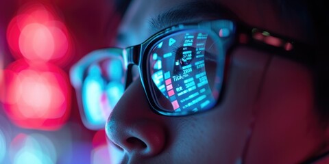 Person's eyes in glasses looking at stock data with computer reflection at eyewear. Close up shot