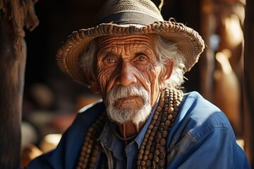 Portrait of old Mexican man in hat selling organic vegetables on local market