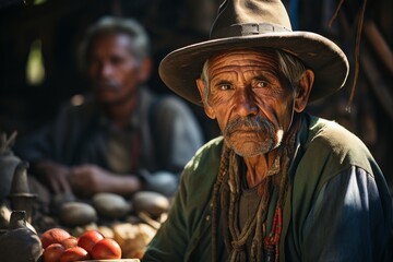 Old Mexican man in hat selling organic vegetables on local market