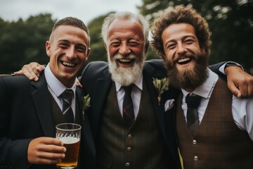 Three diverse age men in luxury suits embracing and smiling while holding beer glass outdoors