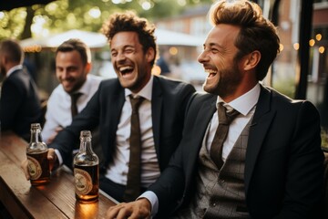 Group of elegant smiling men in luxury formalwear enjoying bachelor party in pub