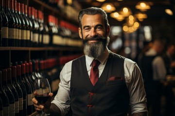 Confident male sommelier holding wineglass while standing near the shelves with wine bottles - obrazy, fototapety, plakaty