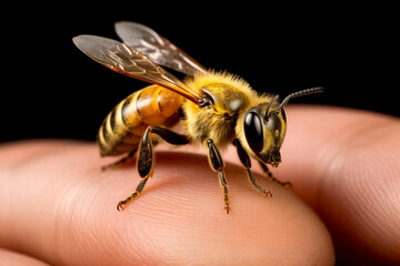 Macro Photography of a Honeybee on a Finger with a Dark Background