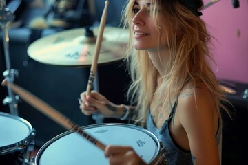 Fototapeta premium A cheerful woman stands outdoors, adorned in an apron and glasses, tending to her houseplants with a smile as she adds a touch of floral design to her home