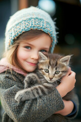 portrait of Smiling Young Girl Holding Her Fluffy adopted Kitten Outside, Friendship and Joy