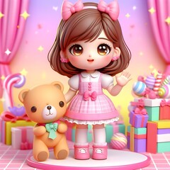 Cartoon character of girl with teddy bear
