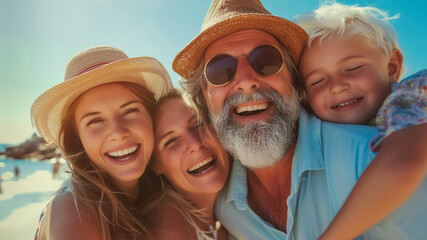 Happy multi-generation family portrait captures with smiling and radiating happiness in the beach on the weekend.