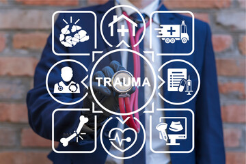 Doctor using stethoscope and virtual interface sees word: TRAUMA. Physical or mental or...