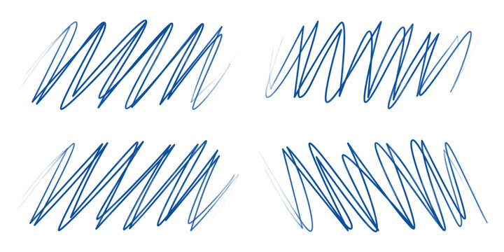 Set of hand drawn grunge style dark blue vintage ball pen cross out mark scribbles on white paper background. Text logo or icons selection abstract cross out concept
