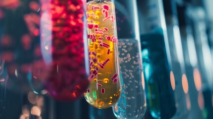 Coloured liquids and molecules inside a test tubes in laboratory