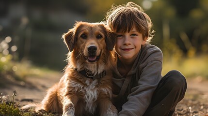a smiling kids with beautiful dog in blur background