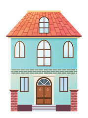 Cozy cottage facade watercolor illustration. Suburban house front view with tiled roof and porch