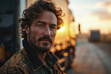 Generative AI illustration of rugged truck driver with a contemplative expression stands before a sunset, with trucks in the background