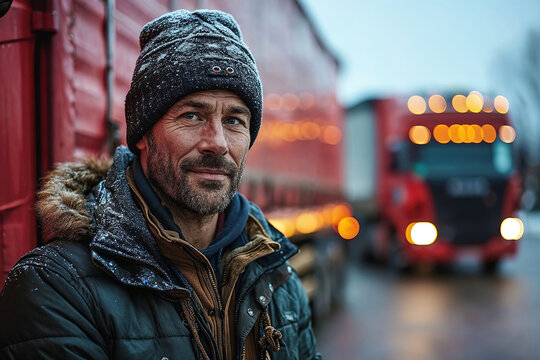 Generative AI illustration of seasoned truck driver in winter gear smiles near brightly lit trucks on a cold evening