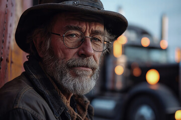 Generative AI illustration of elderly truck driver with a beard and hat rests near his rig during twilight