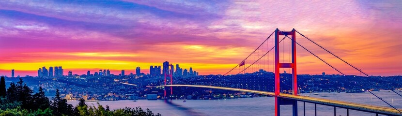 Istanbul Bosphorus panoramic photo. Istanbul landscape beautiful sunset with clouds Ortakoy Mosque, Bosphorus Bridge, Fatih Sultan Mehmet Bridge Istanbul Turkey.Best touristic destination of Istanbul