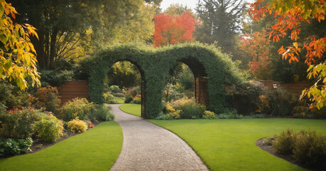 Fototapeta premium A picturesque fall backyard scene featuring a wooden archway, vibrant autumn foliage, and a well-manicured garden pathway, creating a serene and colorful landscape.