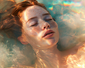 Serene young woman floating in sunlit water Generative AI image