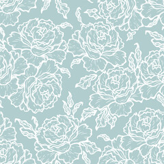 Vector Rose Flower Seamless Pattern. Flowers and Leaves. Beautiful Bouquet of Summer garden flowers. Floral Light Blue Background. Plants Wallpaper.