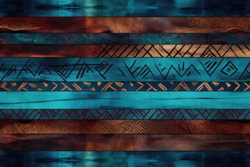 Aqua, mahogany, and indigo seamless African pattern, tribal motifs grunge texture on textile