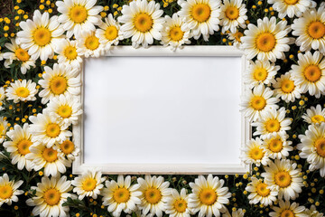 Blank frame with vibrant daisies background. Generative AI image