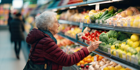 Shopping decisions. An elderly woman contemplates fresh vegetables at the grocery store - obrazy, fototapety, plakaty