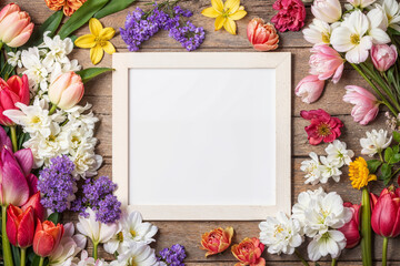 Spring flowers surrounding a blank frame for custom text. Generative AI image
