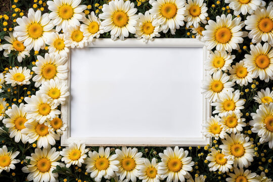 Blank frame with vibrant daisies background. Generative AI image