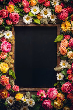 Vintage chalkboard surrounded by vibrant floral arrangement. Generative AI image