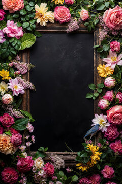 Vintage frame surrounded by colorful flowers and leaves. Generative AI image