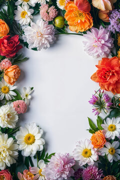 Floral border with space for text on white background. Generative AI image