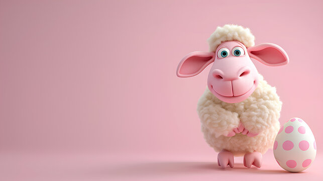 illustration of a cute easter lamb with an easter egg, background poster for social media marketing and promotion with copy space
