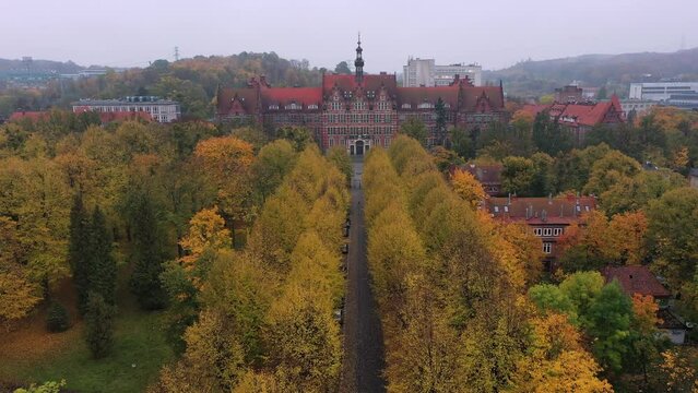Beautiful building of the University of technology in Gdansk at autumn. Poland