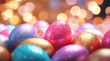 Colorful painted Easter eggs with bokeh city light. Happy Easter day celebration concept background. Created with Generative AI