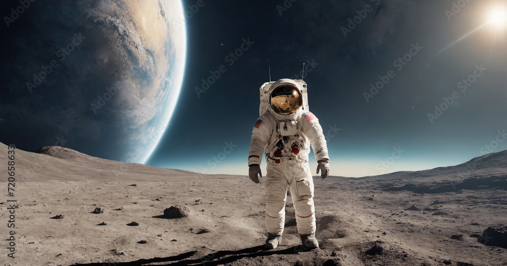 Wall mural a stunning image of an astronaut in a white spacesuit with a rocket, satellite, and earth in the bac