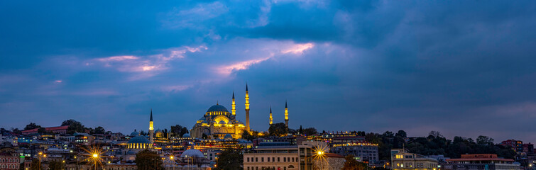 Sunset in Istanbul, Turkey with Suleymaniye Mosque (Ottoman imperial mosque). View from Galata...
